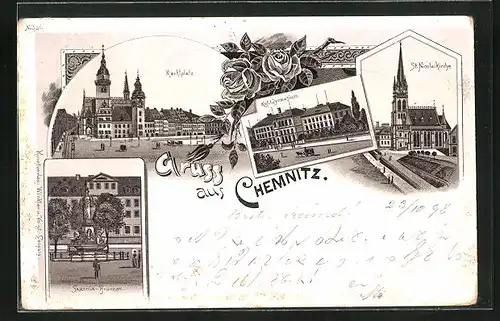 Lithographie Chemnitz, Saxonia-Brunnen, St. Nicolaikirche, Kgl. Gymnasium