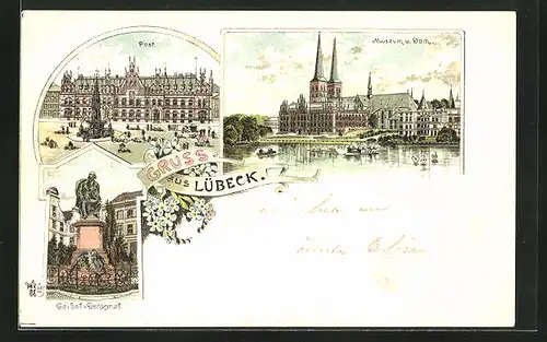 Lithographie Lübeck, Museum u. Dom, Geibel-Denkmal, Post