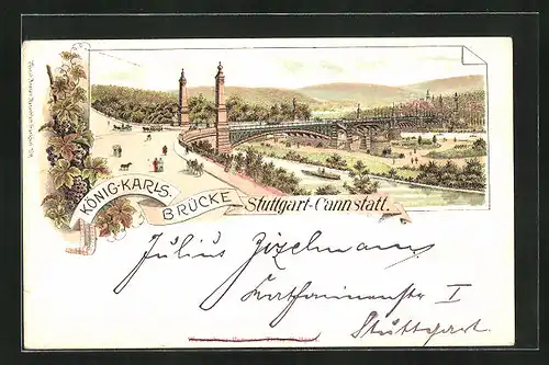 Lithographie Stuttgart-Cannstatt, König-Karls-Brücke