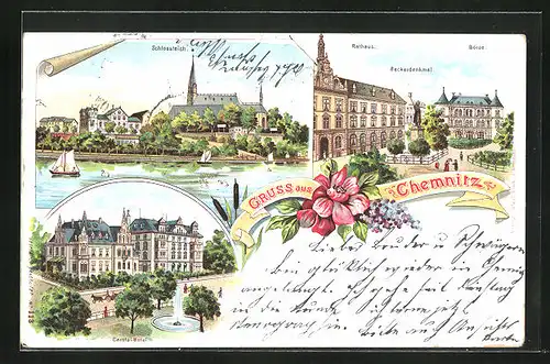 Lithographie Chemnitz, Carola-Hotel, Beckedenkmal mit Börse