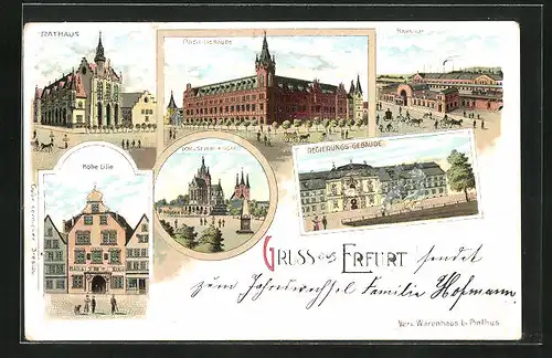 Lithographie Erfurt, Bahnhof, Hohe Lilie, Rathaus, Post-Gebäude