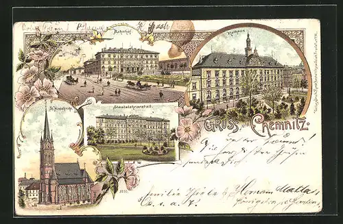 Lithographie Chemnitz, Bahnhof, Staatslehranstalt, Rathaus