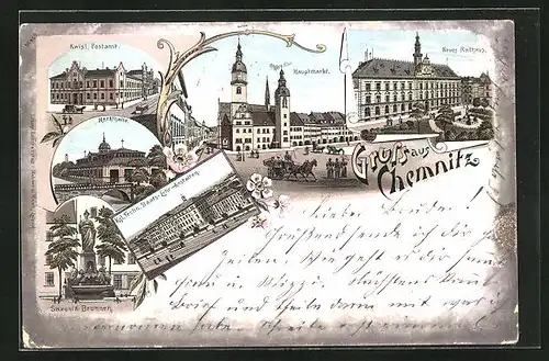 Lithographie Chemnitz, Hauptmarkt, Kaisl. Postamt, Kgl. Techn. Staats-Lehr-Anstalten