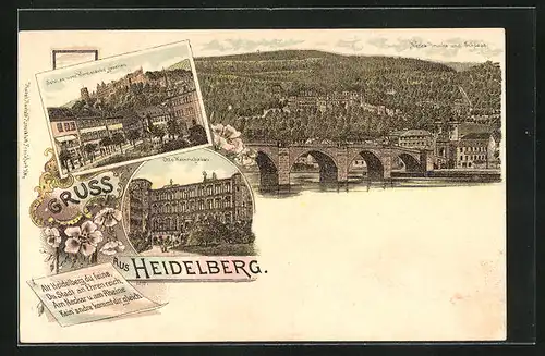 Lithographie Heidelberg, Schloss vom Kornmarkt gesehen, Otto Heinrichsbau