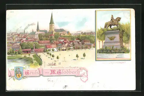 Lithographie Mönchengladbach, Münsterkirche vom Geroplatz, Denkmal Kaiser Wilhelm I.