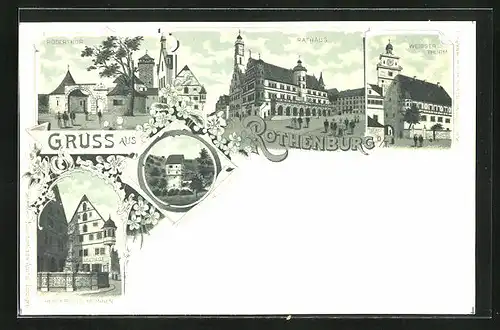 Lithographie Rothenburg o. T., Röderthor, Herterichs-Brunnen, Rathaus