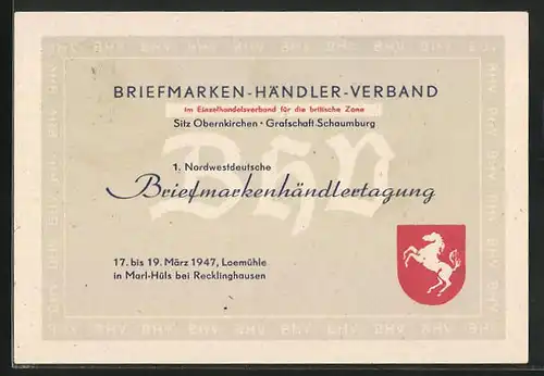 AK Marl-Hüls, 1. Nordwestdeutsche Briefmarkenhändlertagung März 1947, Loemühle