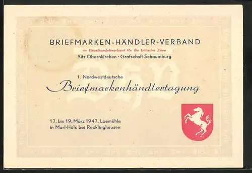 AK Marl-Hüls, 1. Nordwestdeutsche Briefmarkenhändlertagung März 1947, Loemühle