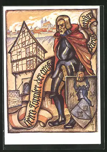 Künstler-AK Rothenburg, Heinrich Toppler mit Fachwerkhaus