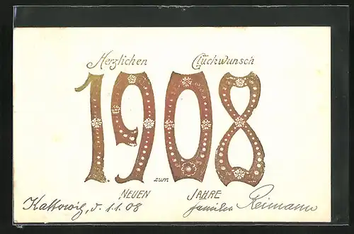 Präge-AK Neujahrsgruss mit Jahreszahl 1908