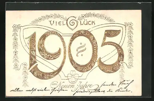Präge-AK Neujahrsgruss, Jahreszahl 1905 in Goldschrift
