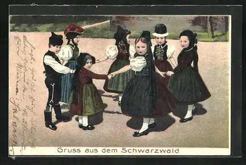 Präge-AK Kinder in Schwarzwälder Tracht tanzen Ringelreihen