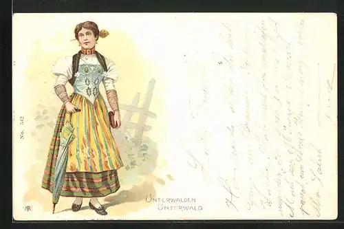 Lithographie Schweiz, Unterwaldener Frau in Tracht