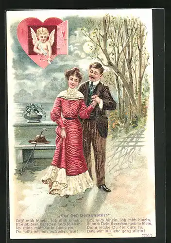 Lithographie Vor der Herzenstür, Amor hat sein Ziel im Visier