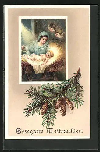 Präge-AK Weihnachtsgruss, Maria und Jesus, Weihnachtsengel