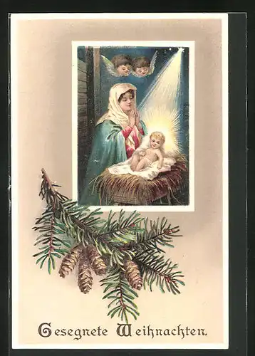 Präge-AK Weihnachtsgruss, Maria und Jesus, Weihnachtsengel