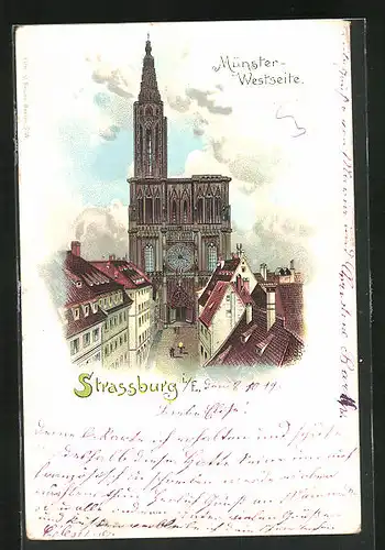 Lithographie Strassburg i. E., Westseite des Münster