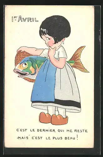 AK 1. April, Mädchen mit Fisch unterm Arm