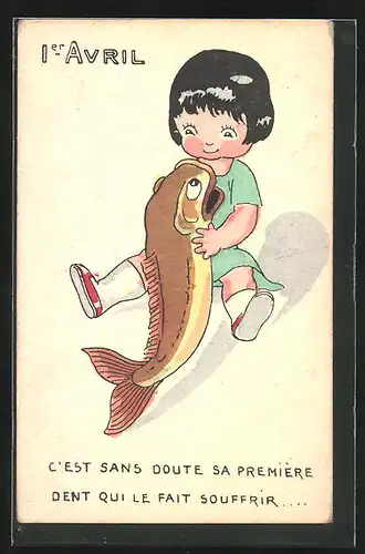 AK 1. April, Mädchen unterhält sich mit einem Fisch