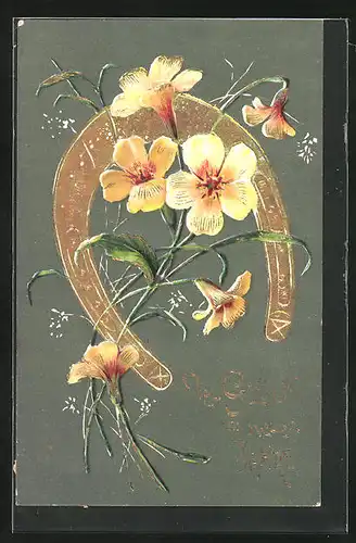 Präge-AK Neujahrsgruss mit Hufeisen und gelben Blumen