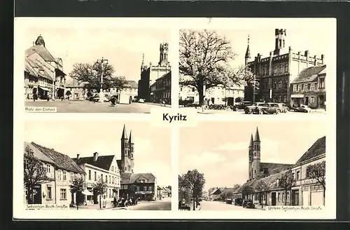 AK Kyritz, Platz der Einheit, Sebastian-Bach-Strasse mit Kirche, Ortspartie