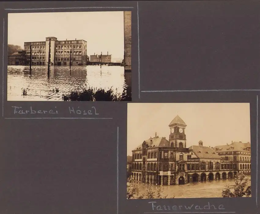 Fotoalbum 63 Fotografien, Ansicht Karl-Marx-Stadt / Chemnitz, Hochwasser 1954, Feuerwache, Stadthaus, Mühlenstrasse 10