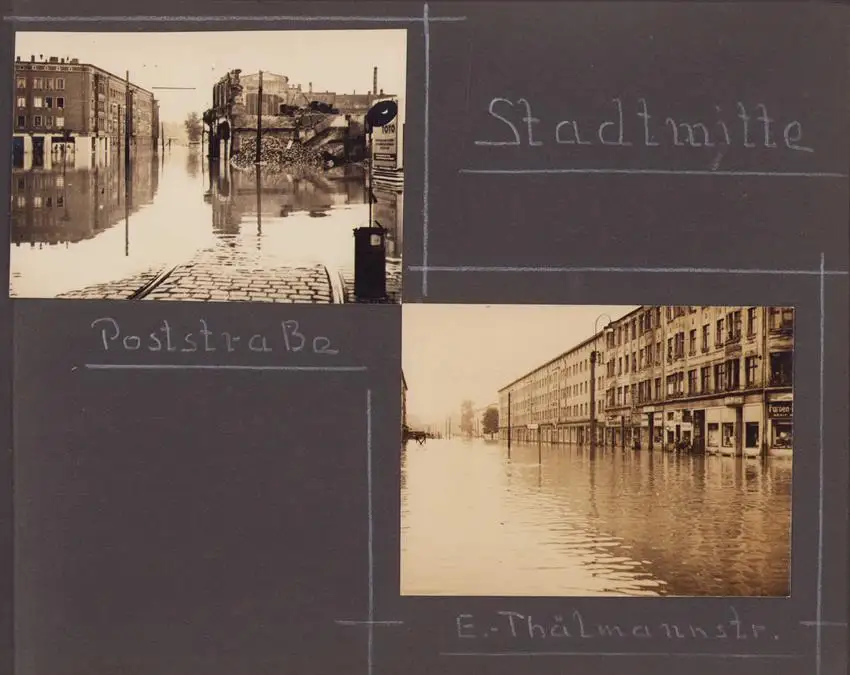 Fotoalbum 63 Fotografien, Ansicht Karl-Marx-Stadt / Chemnitz, Hochwasser 1954, Feuerwache, Stadthaus, Mühlenstrasse 11