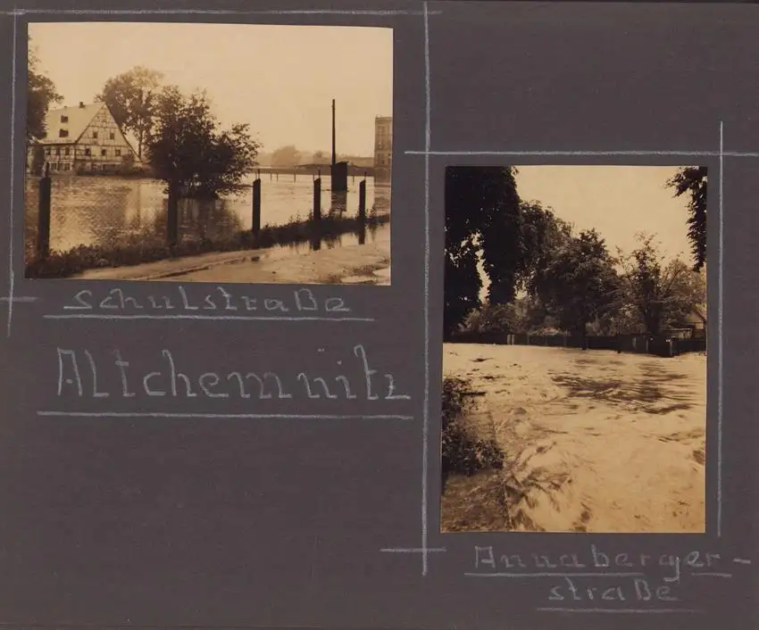 Fotoalbum 63 Fotografien, Ansicht Karl-Marx-Stadt / Chemnitz, Hochwasser 1954, Feuerwache, Stadthaus, Mühlenstrasse 14