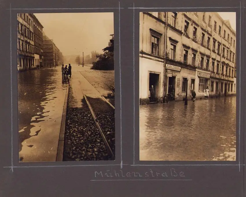 Fotoalbum 63 Fotografien, Ansicht Karl-Marx-Stadt / Chemnitz, Hochwasser 1954, Feuerwache, Stadthaus, Mühlenstrasse 2