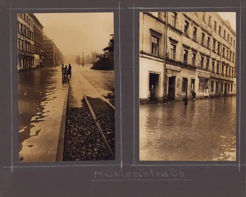Fotoalbum 63 Fotografien, Ansicht Karl-Marx-Stadt / Chemnitz, Hochwasser 1954, Feuerwache, Stadthaus, Mühlenstrasse 2