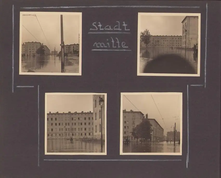 Fotoalbum 63 Fotografien, Ansicht Karl-Marx-Stadt / Chemnitz, Hochwasser 1954, Feuerwache, Stadthaus, Mühlenstrasse 20