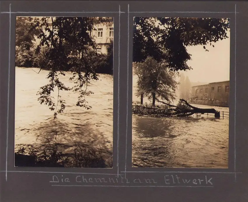 Fotoalbum 63 Fotografien, Ansicht Karl-Marx-Stadt / Chemnitz, Hochwasser 1954, Feuerwache, Stadthaus, Mühlenstrasse 7
