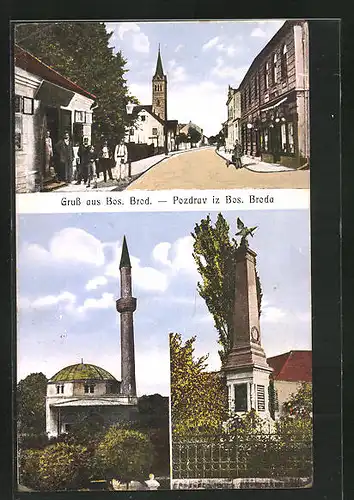 AK Bos. Brod, Strassenpartie im Zentrum, Moschee, Kriegerdenkmal