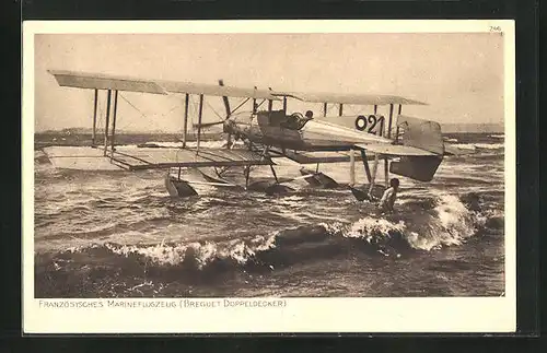 AK Französisches Marineflugzeug (Breguet Doppeldecker) beim Start, Wasserflugzeug