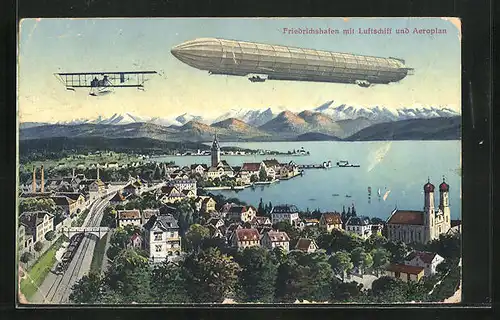 AK Friedrichshafen a. B., Zeppelin und Aeroplan über der Stadt