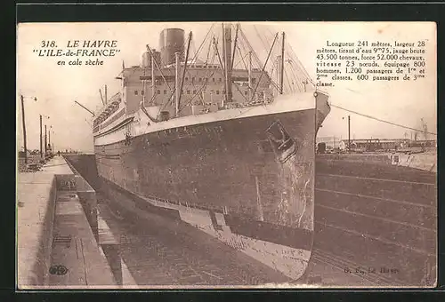 AK Le Havre, Passagierschiff L`Ile de France im Trockendock