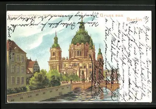 Lithographie Berlin, Dom und Kaiser Wilhelm Brücke