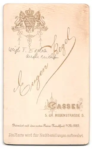 Fotografie Eugen Kegel, Cassel, Gr. Rosenstr. 5, Portrait dunkelhaarige Schönheit im prachtvollen Kleid