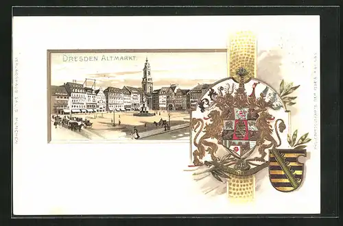 Passepartout-Lithographie Dresden, Blick auf den Altmarkt & Wappen