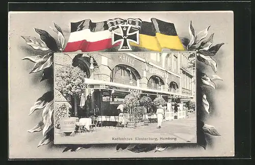 AK Hamburg-St.Georg, Kaffeehaus Klosterburg, Flaggen Zweibund Eisernes Kreuz