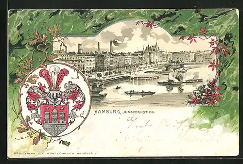 Passepartout-Lithographie Hamburg-Neustadt, Blick zum Jungfernstieg & Stadtwappen