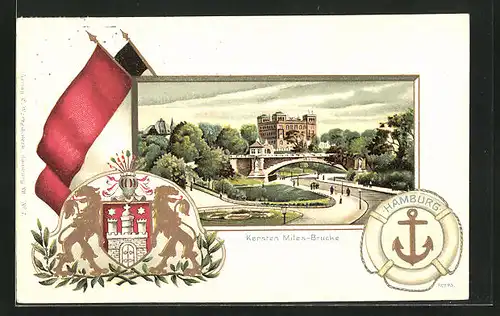 Passepartout-Lithographie Hamburg-St. Pauli, Kersten Miles-Brücke, Stadtwappen & Anker