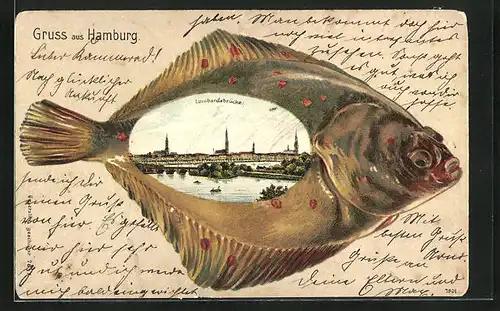 Passepartout-Lithographie Hamburg, Ausblick auf die Lombardsbrücke, Fisch