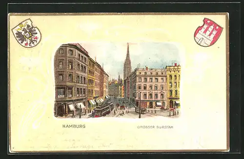 Passepartout-Lithographie Hamburg, Partie am Grossen Burstah, Stadtwappen & Reichswappen