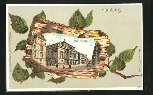 Passepartout-Lithographie Hamburg, Stadttheater & Zweig mit Laublättern