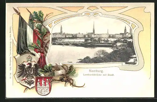 Passepartout-Lithographie Hamburg, Lombardsbrücke mit Stadt, Flaggen und Wappen