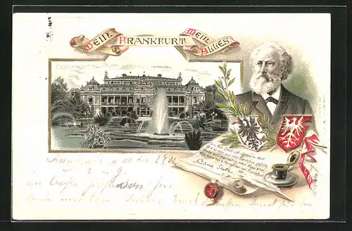 Passepartout-Lithographie Frankfurt-Westend, Palmegarten mit Springbrunnen, Porträt Friedrich Stoltze