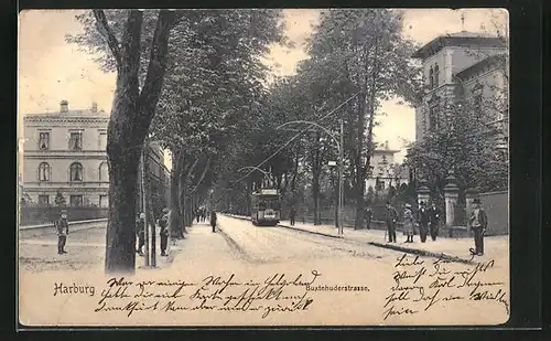 AK Hamburg-Harburg, Schulkinder und Strassenbahn in der Buxtehuderstrasse