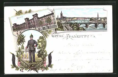 Lithographie Frankfurt, Panorama, Kaserne und Soldat mit Pickelhaube