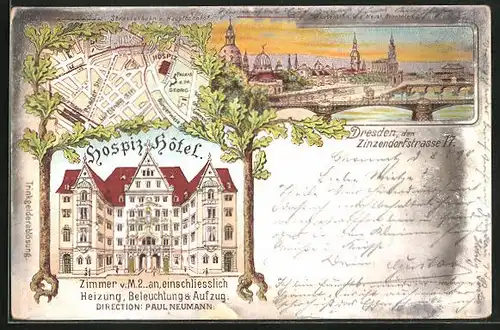 Lithographie Dresden, Hospiz-Hotel, Gesamtansicht & Stadtplan
